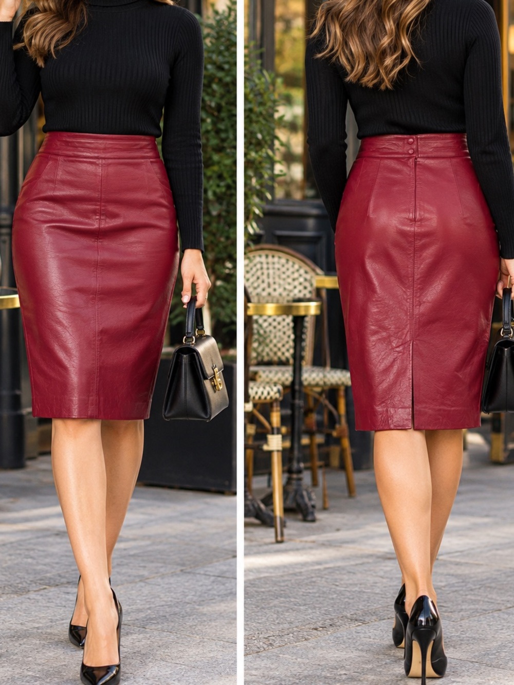 VTG Suzelle Genuine Leather Skirt Womens Sz 12 Burgundy Red Midi Pencil 80s-90s